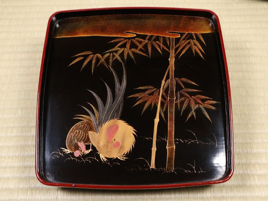 木製漆器 竹鶏蒔絵 吸物膳 五客 溜塗 黒塗 足付 四方膳 茶懐石 CM386