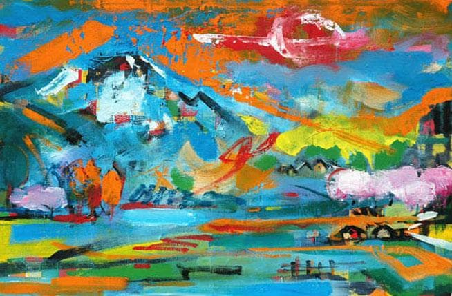 油絵 菅家令子 絵 絵画 インテリア uF6-063203 田園風景 朝陽 夕陽