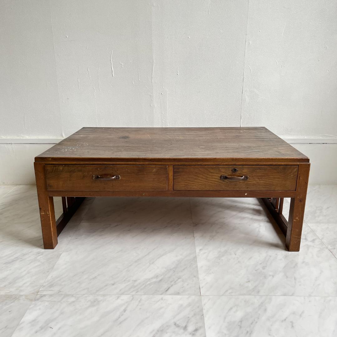 古い木味の文机 作業台 2杯引出し 和家具 棚 和アンティーク レトロ 無垢