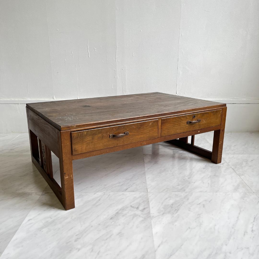 古い木味の文机 作業台 2杯引出し 和家具 棚 和アンティーク レトロ 無垢
