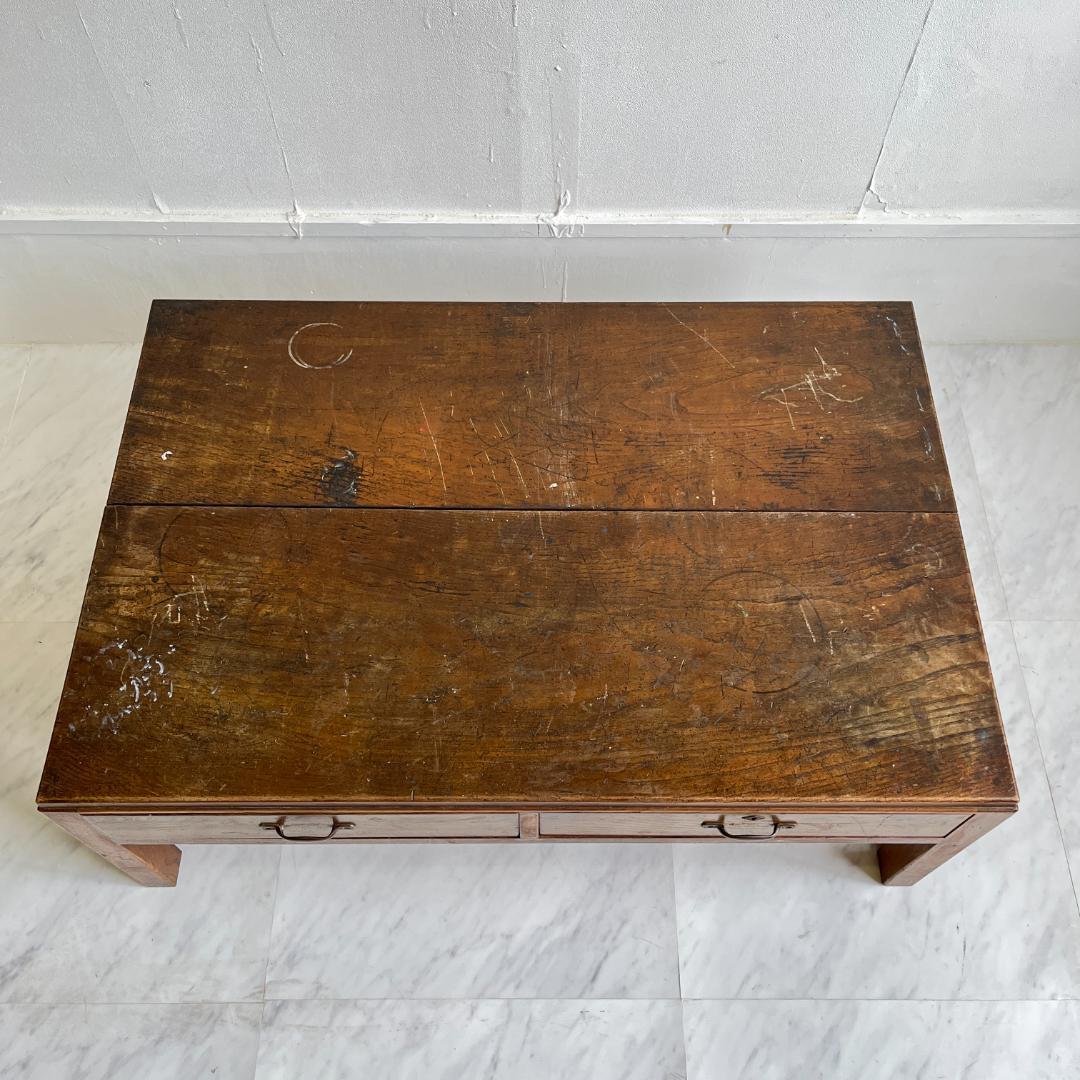 古い木味の文机 作業台 2杯引出し 和家具 棚 和アンティーク レトロ 無垢