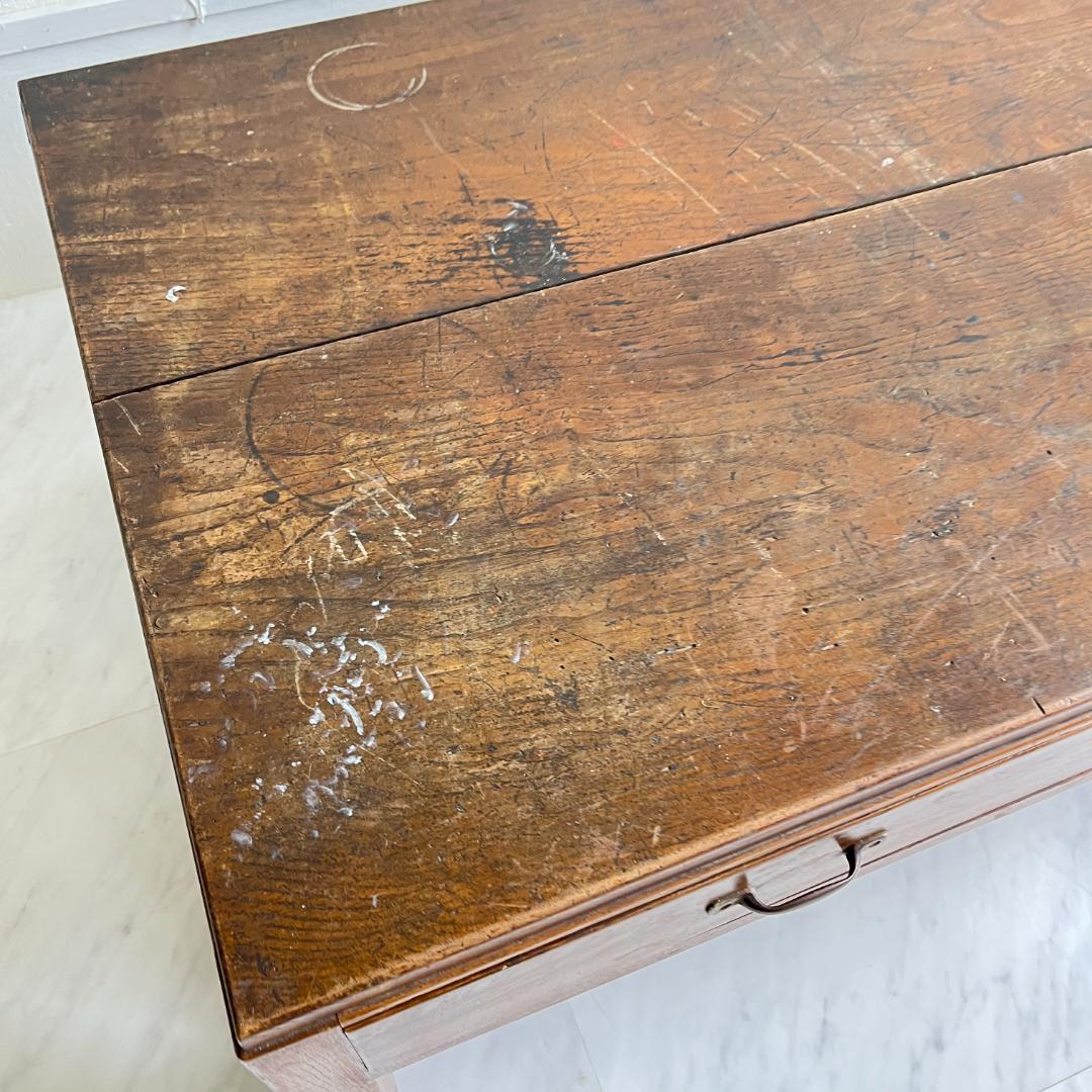 古い木味の文机 作業台 2杯引出し 和家具 棚 和アンティーク レトロ 無垢