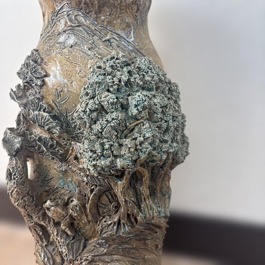 中国美術　彫刻 陶器製　置物　中国古玩美術 花瓶 山水画 焼き物 高さ49センチ