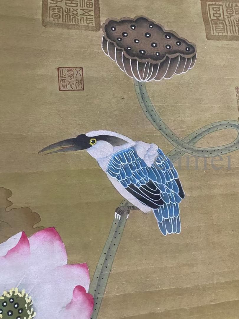 中国古美術・旧藏 明代風・吕紀款・花鳥図・四尺中堂掛軸・手描き・水墨手彩・宣紙