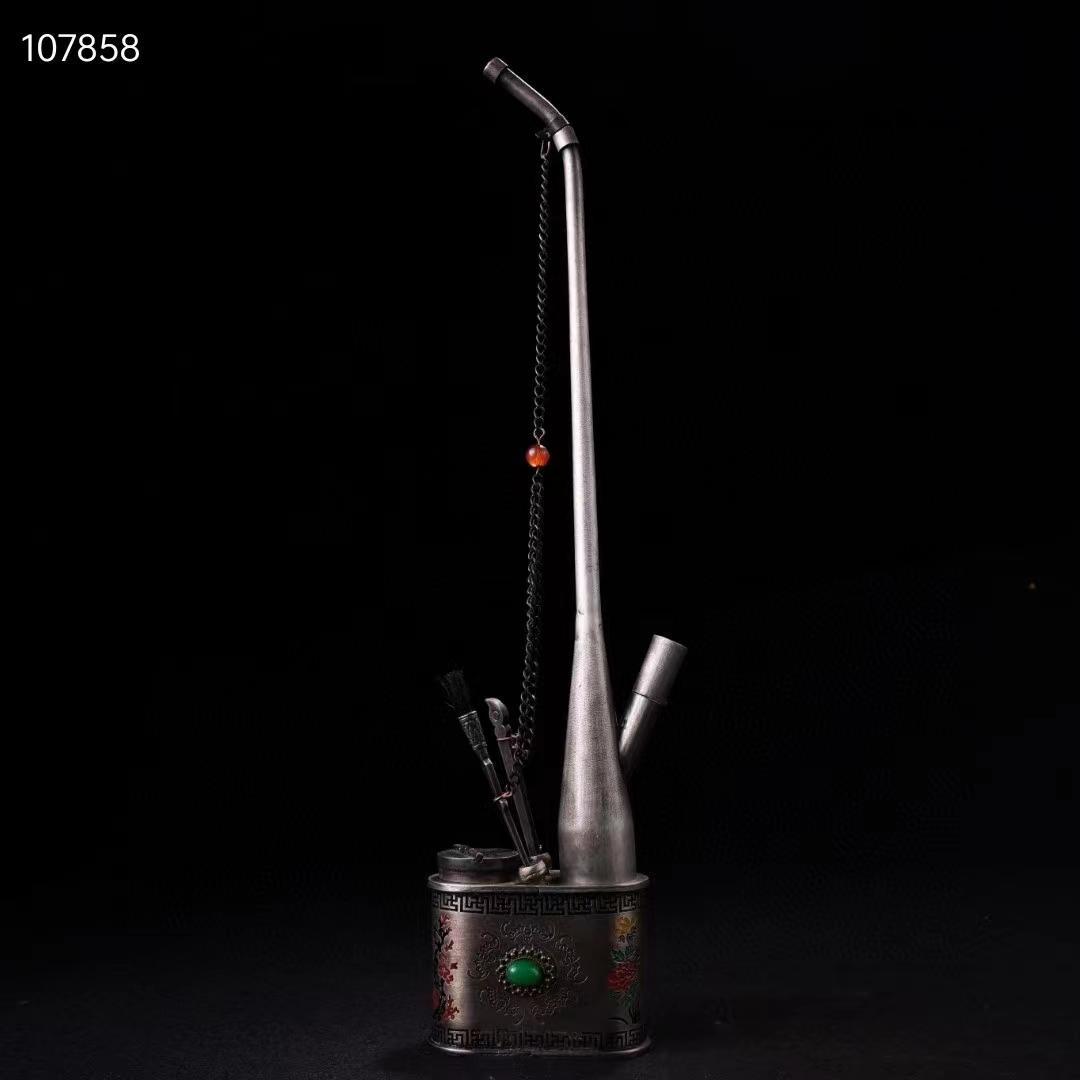 中国古美術・旧収蔵品・純銅制・古銅彫・寶石嵌花開富貴紋水煙袋・純手作り・置物