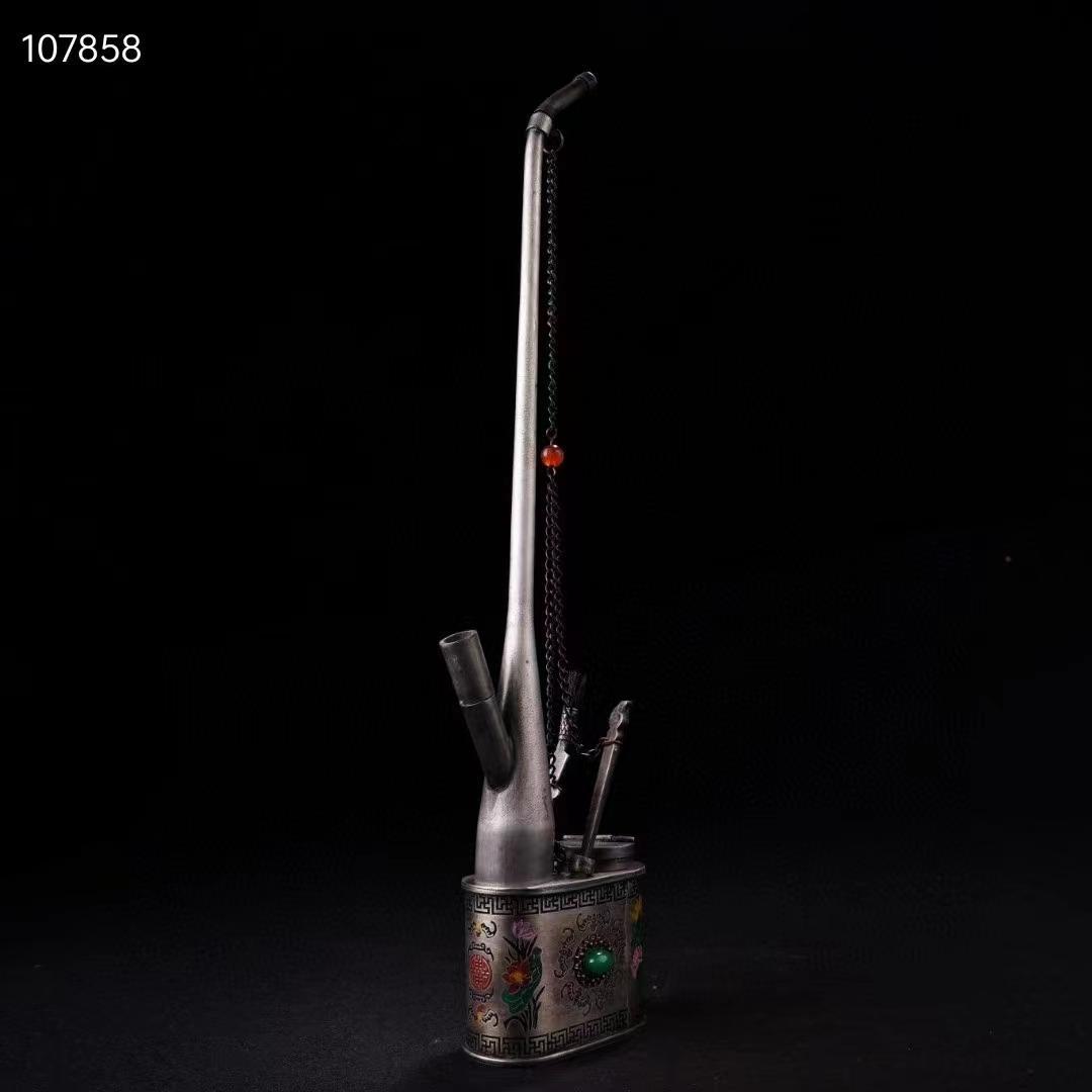 中国古美術・旧収蔵品・純銅制・古銅彫・寶石嵌花開富貴紋水煙袋・純手作り・置物