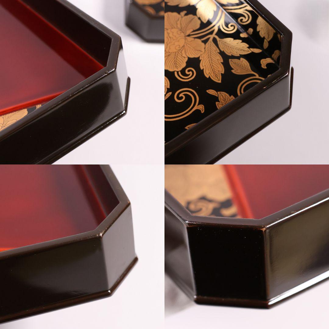 【CM371】加賀描金師 仙石可峰作 花唐草 隅切四方膳 五客 木製 折敷