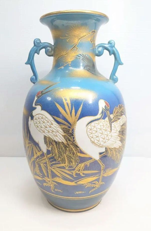 P646 九谷焼 玉浪 鶴松絵 花瓶 花器 金彩 青系 華道 茶道 インテリア