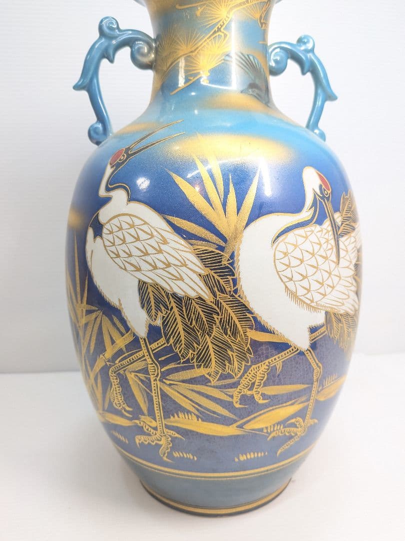 P646 九谷焼 玉浪 鶴松絵 花瓶 花器 金彩 青系 華道 茶道 インテリア