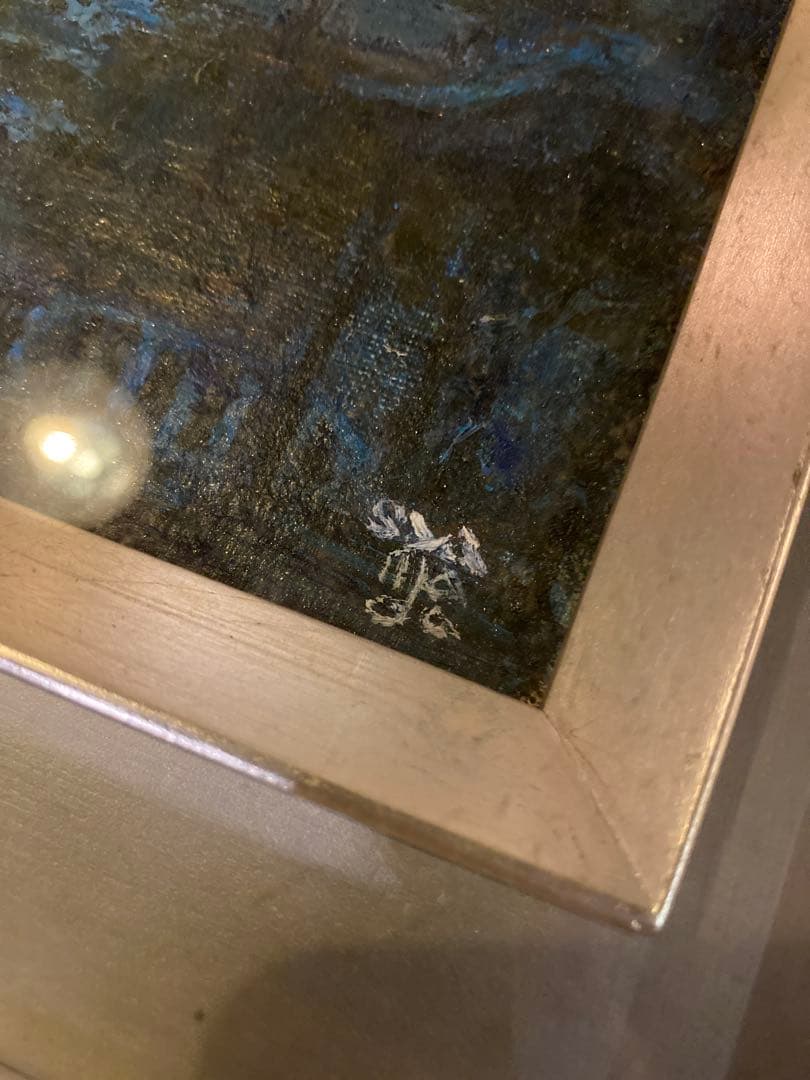 江戸時代っぽい街並み 綺麗なブルーの横長油彩・額装／サイン有・作家不詳