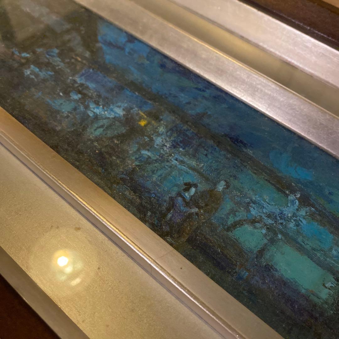 江戸時代っぽい街並み 綺麗なブルーの横長油彩・額装／サイン有・作家不詳