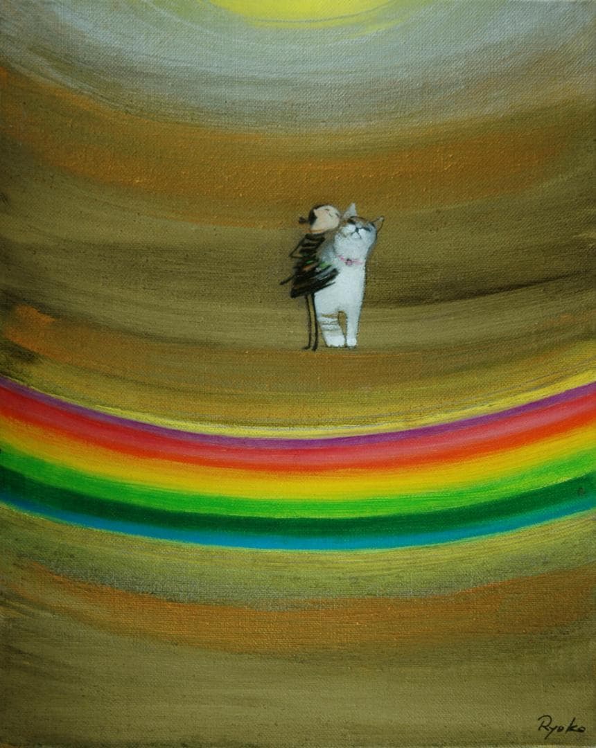 油絵 菅家令子絵 絵画インテリア額付(淡い銀青緑)F3-030919虹子猫犬女子