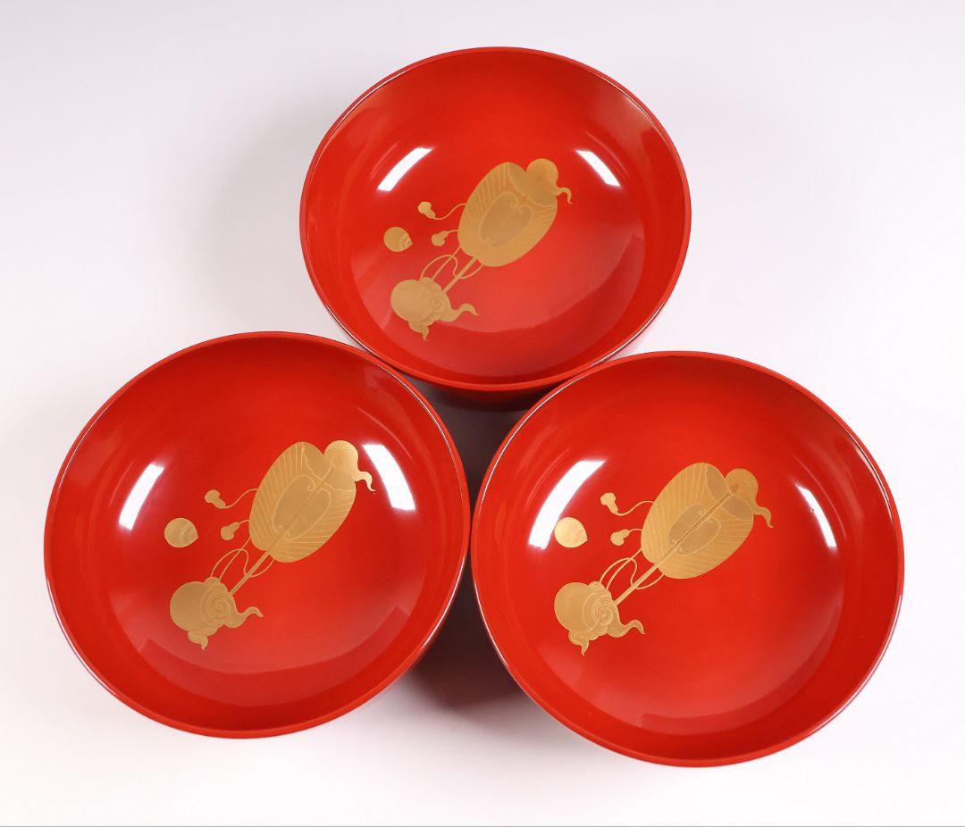 【MB36】輪島塗 宝尽くし金蒔絵 朱塗椀 三客 小槌 軍配 霊芝 木製漆器