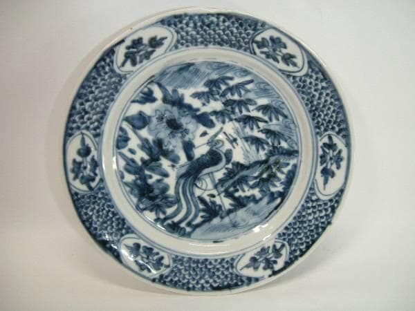 皿■南京呉須 平鉢 染付け花鳥紋 鱗紋 窓花絵 砂高台 青華古玩唐物時代物骨董■