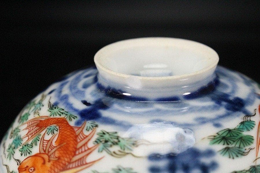 中国美術 彷古 五彩 藻草魚紋 蓋碗 乾隆款 五件 送料無料