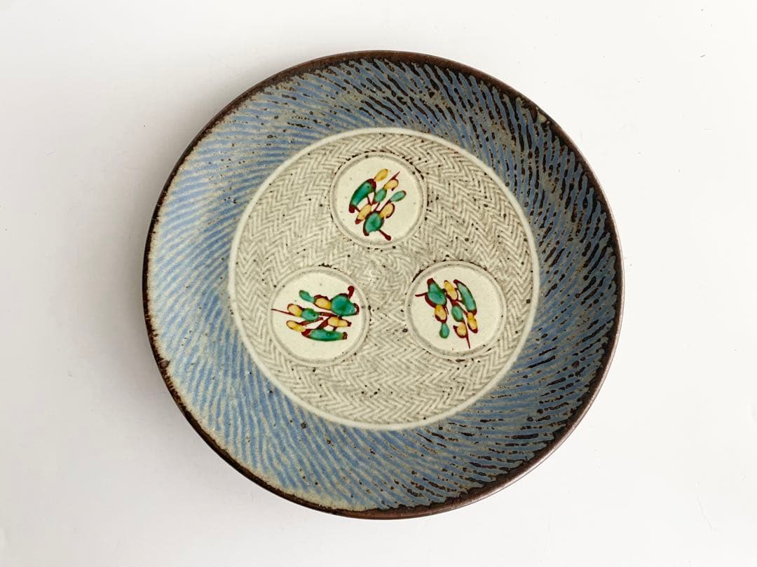 陶芸家　人間国宝　島岡達三　象嵌赤絵　草花文皿　大皿　共箱