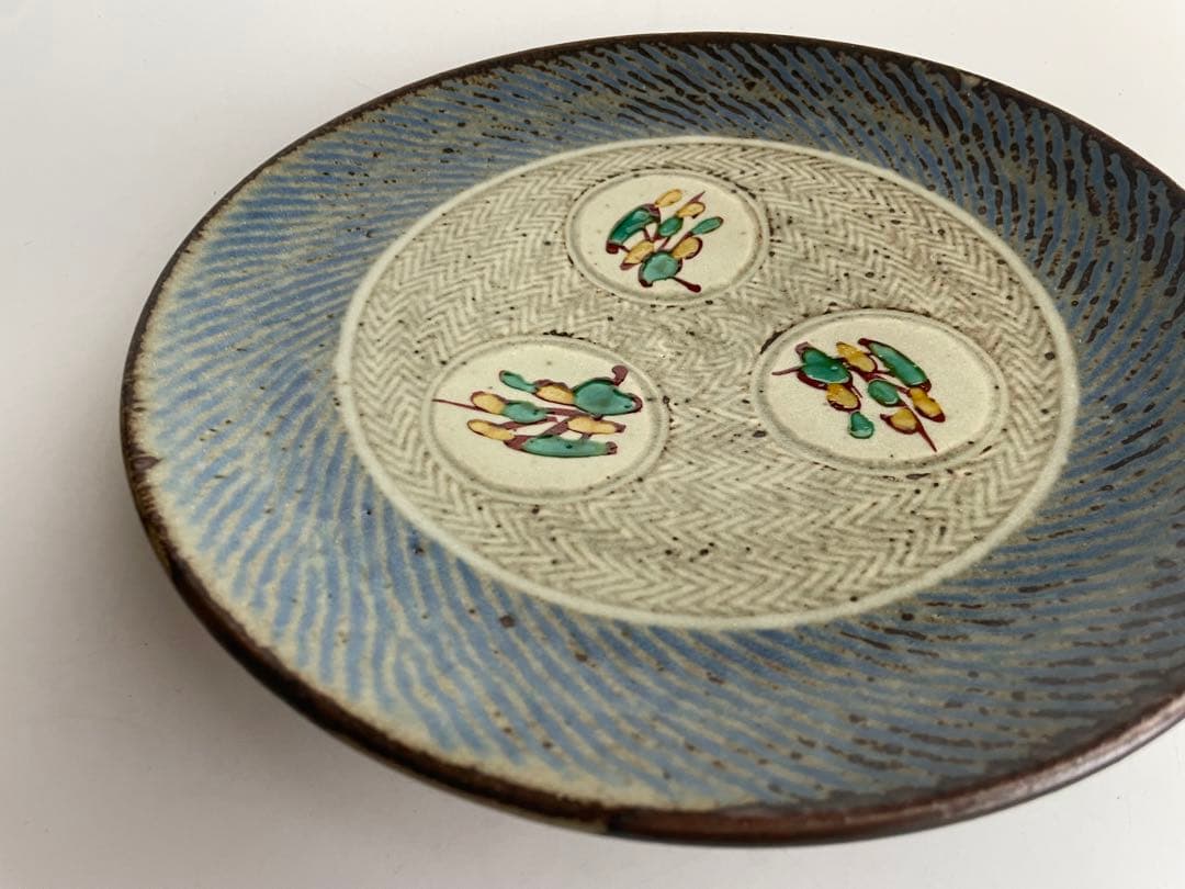 陶芸家　人間国宝　島岡達三　象嵌赤絵　草花文皿　大皿　共箱