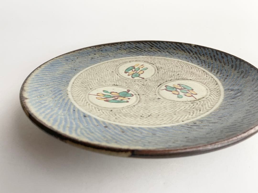 陶芸家　人間国宝　島岡達三　象嵌赤絵　草花文皿　大皿　共箱