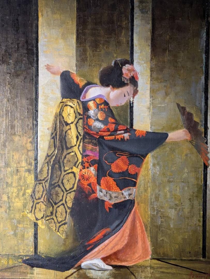 【真作】絵画　油彩12号　優雅な舞姿　着物美人　日本の伝統美　和の情景　V111