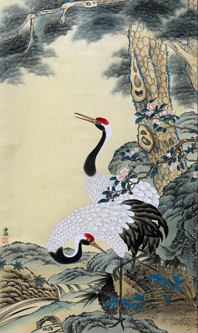 【絹本】肉筆掛け軸花鳥画　細筆画「鶴と松」美術品　和室　茶室　吉祥　長寿　縁起物