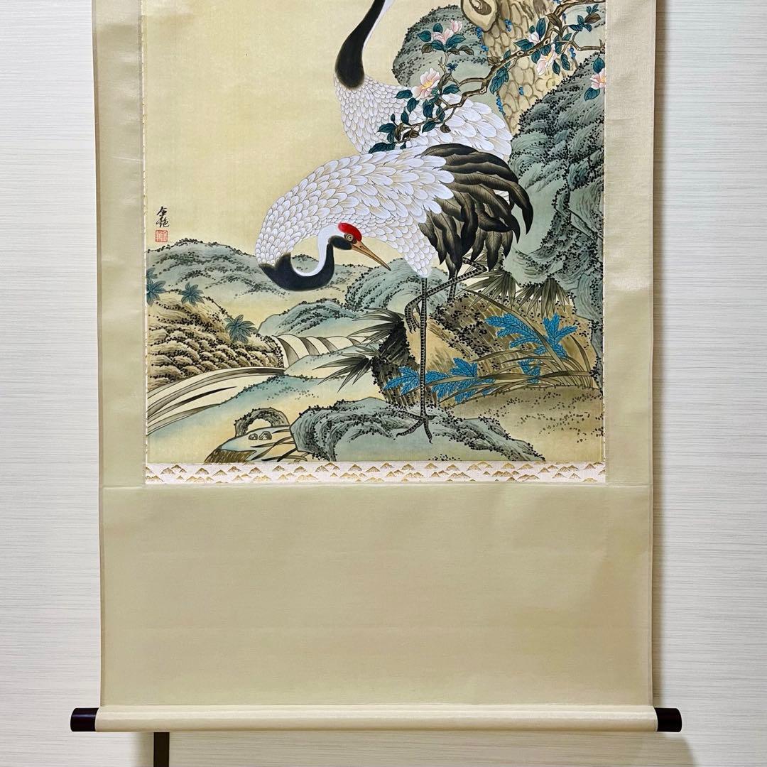 【絹本】肉筆掛け軸花鳥画　細筆画「鶴と松」美術品　和室　茶室　吉祥　長寿　縁起物