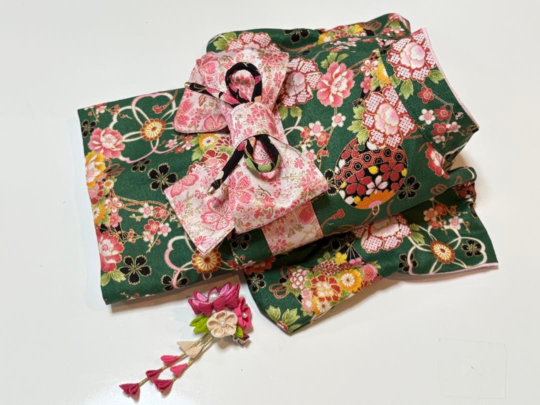 ★新作★完成品☆犬服☆つまみ細工帯飾り付き 犬用着物Sサイズ女の子 華 グリーン