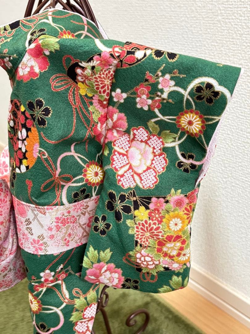 ★新作★完成品☆犬服☆つまみ細工帯飾り付き 犬用着物Sサイズ女の子 華 グリーン