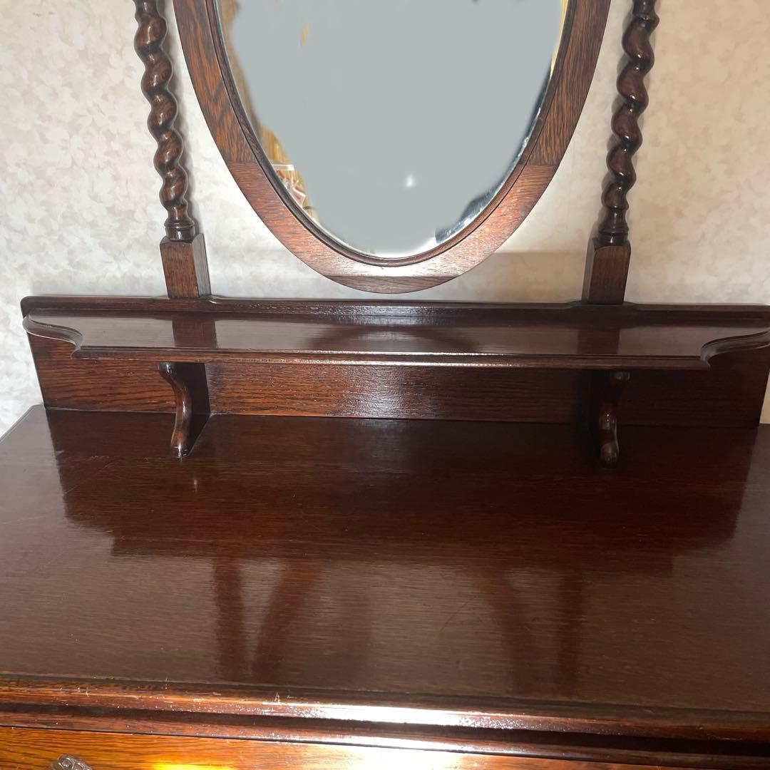 イギリスアンティーク　ミラー付きチェスト　オーク　柱ツイスト　3段引き出し