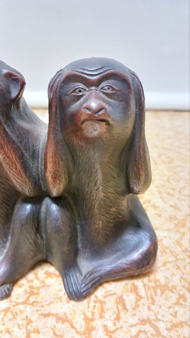 時代物　備前焼　三猿　置物　見ざる聞かざる言わざる　在銘　明治大正期　箱付