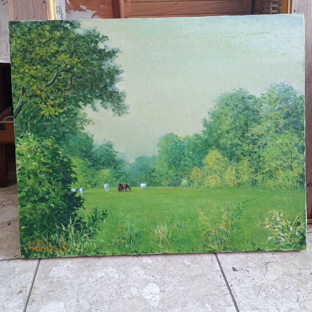 4262）松本竹敏　油絵F１５号「馬牛のいる風景　１９７５年」独立美術協会所属
