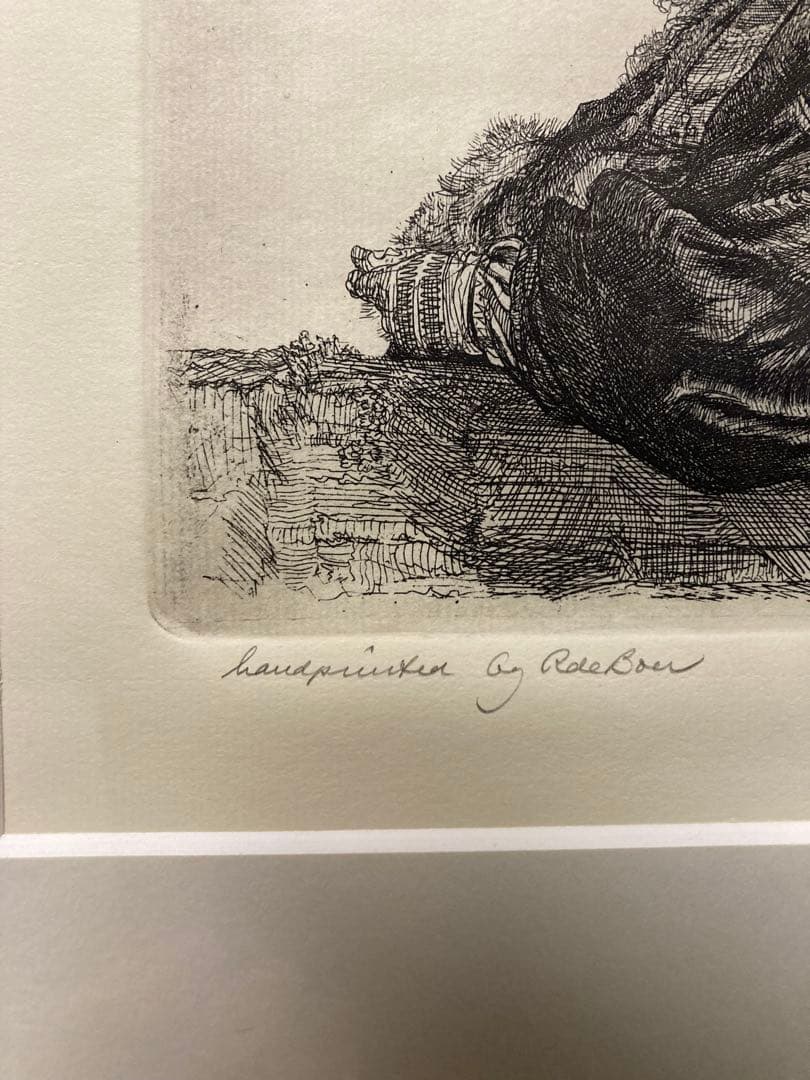 銅版画・エッチング【レンブラト】 「石の手すりに寄りかかる自画像」刷り師サイン