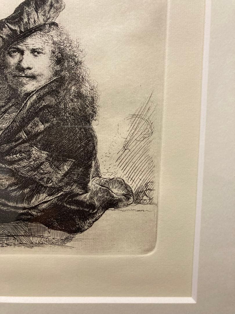 銅版画・エッチング【レンブラト】 「石の手すりに寄りかかる自画像」刷り師サイン