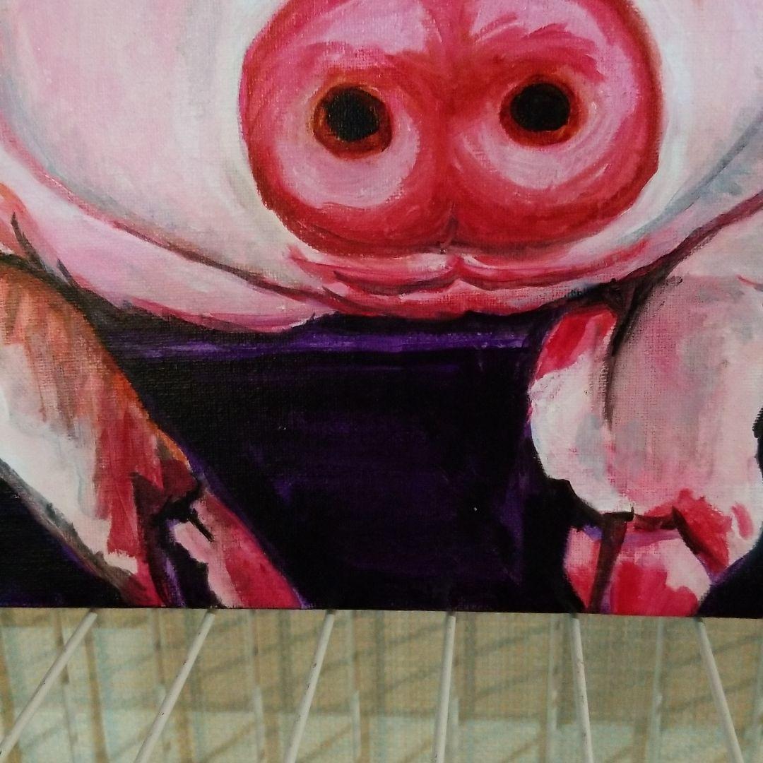 油絵　みーちゃん確認　頭に花をのせた豚