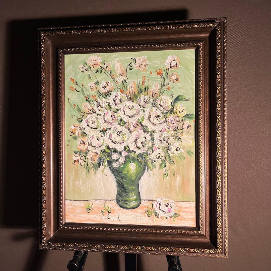 手書き油絵 ゴッホ 花瓶の薔薇 額付 肉筆絵画 インテリア 有名絵画 油彩画