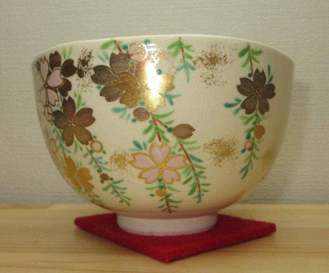 送料込【逢絢亭・新品】茶道具 茶碗 京焼 仁清 枝垂桜の図 文月和香 共箱入り