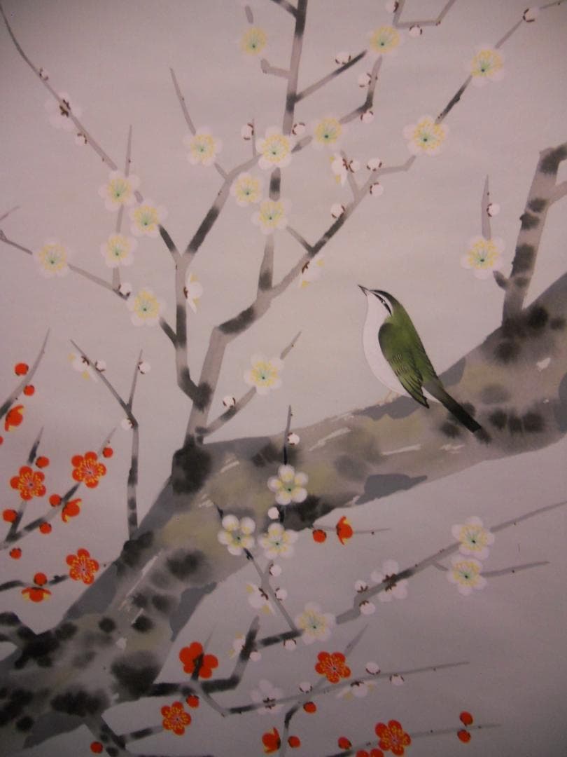 掛け軸 宗一 紅白梅に鶯 絹本 希少 軸装 茶道具 掛軸 美品 です。