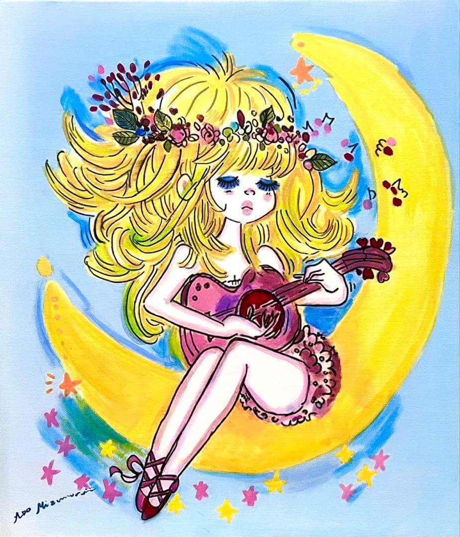 【F10】水森亜土（月に可愛い女の子）肉筆品/表裏サイン有り/手描き/油絵/絵画