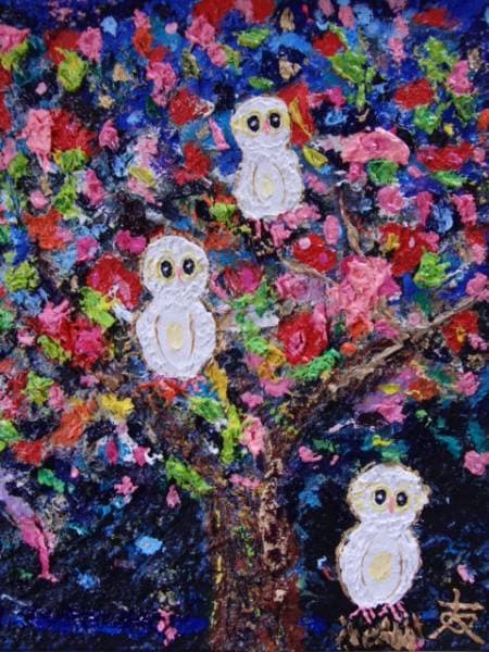 TOMOYUKI・友之、「フクロウと花木」、証明書付、額付、絵画 油絵 油彩画