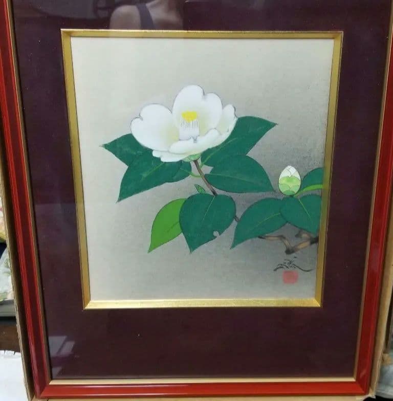 平野勝「白椿」色紙 日本画 肉筆ガラスケース入り