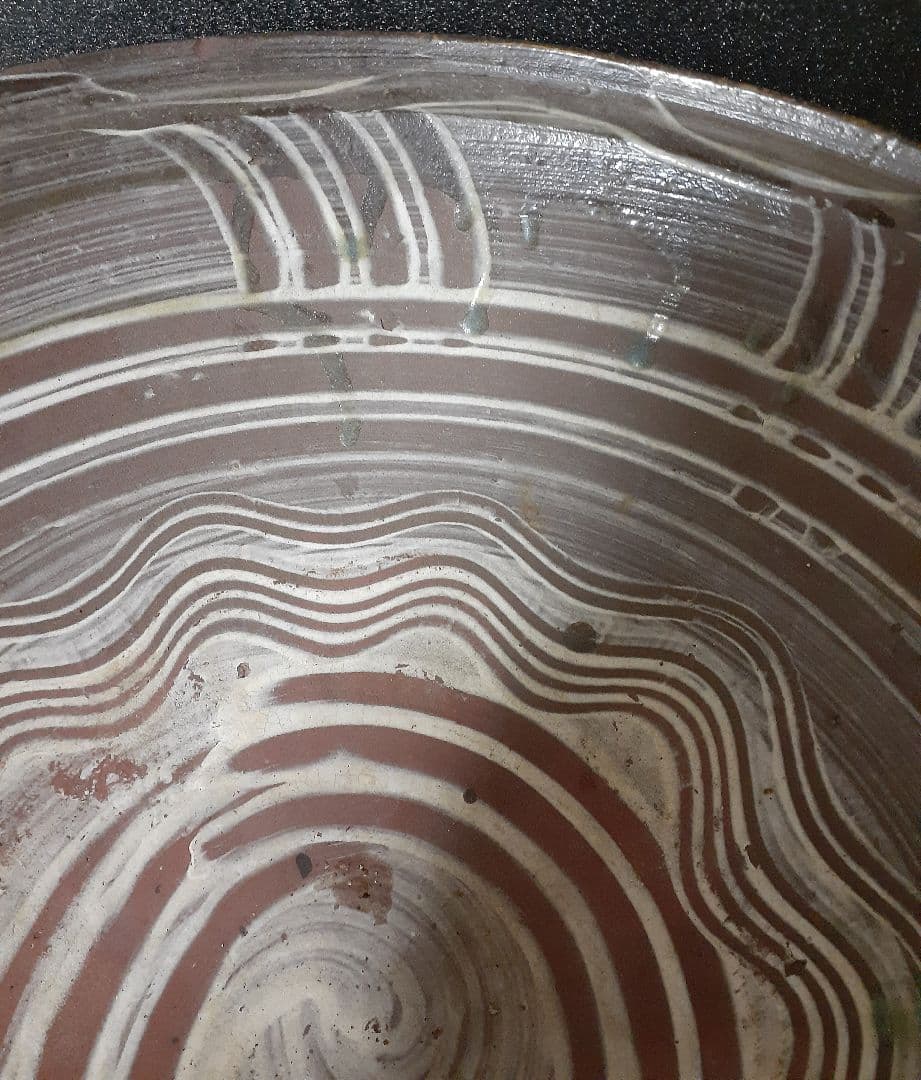 明治時代頃　時代九州民芸陶器　肥前弓野焼武雄古唐津系　三彩櫛目文　刷毛目　大鉢