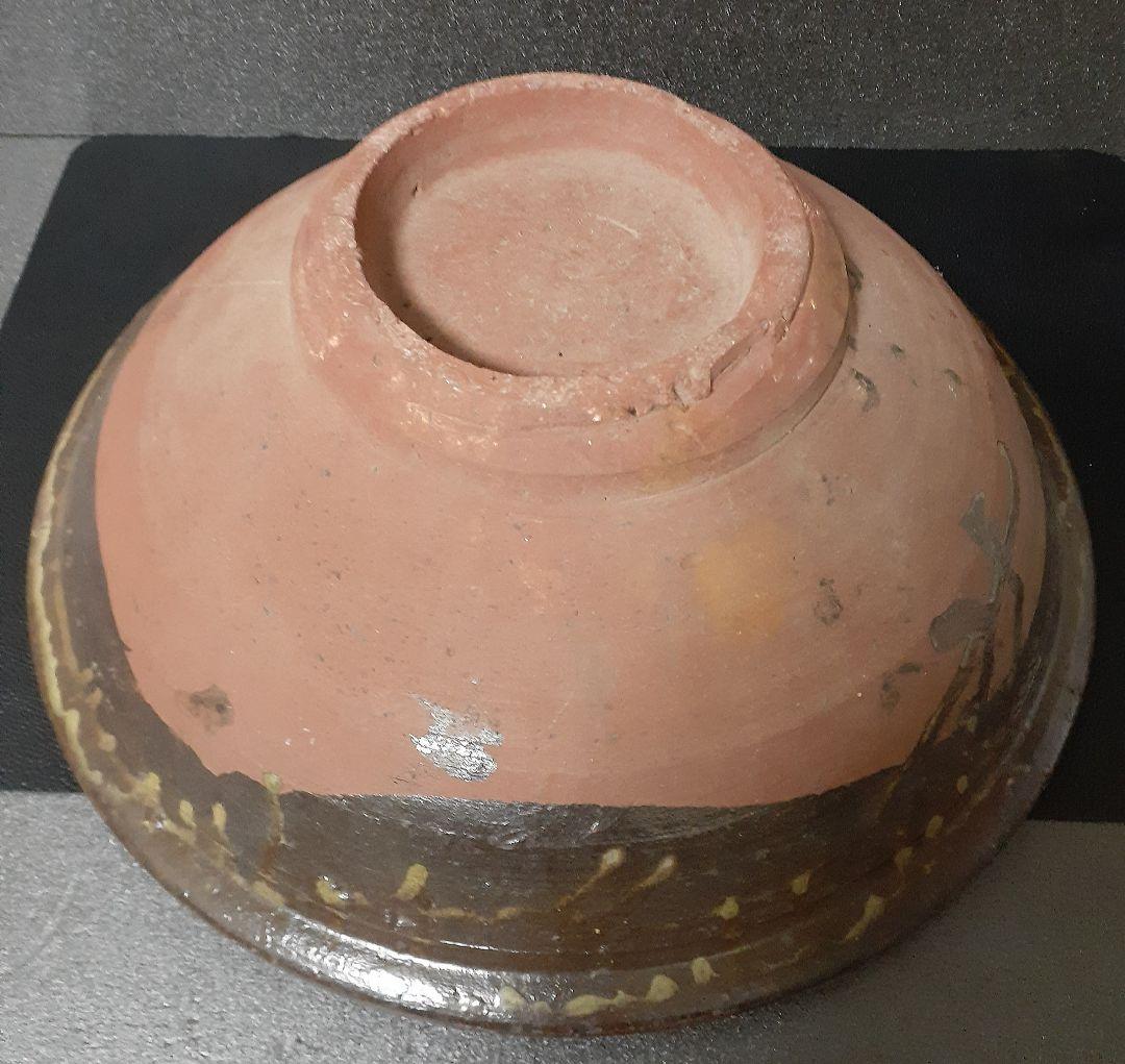 明治時代頃　時代九州民芸陶器　肥前弓野焼武雄古唐津系　三彩櫛目文　刷毛目　大鉢