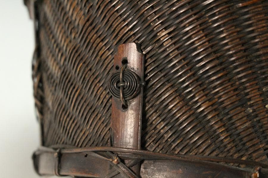 茶道具 唐物 竹網 籠 炭斗 手付 時代物(K-YC464)