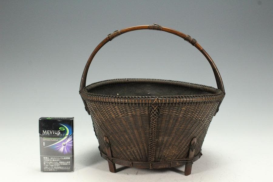 茶道具 唐物 竹網 籠 炭斗 手付 時代物(K-YC464)