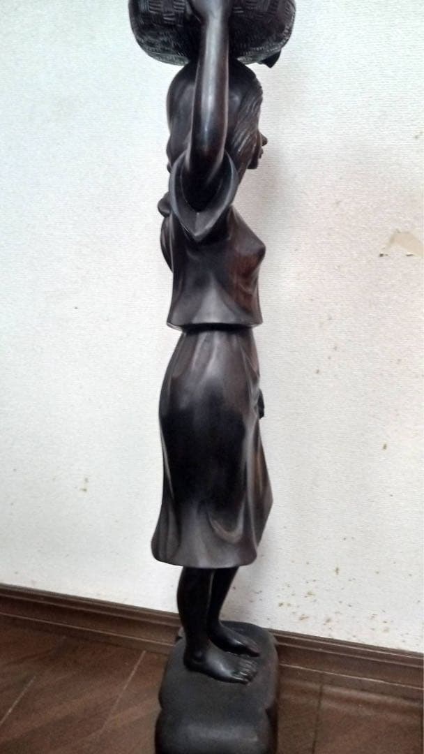 木彫り 女性像 94cm 黒檀 置物 バリ島 美人像 アンティーク 彫刻 工芸品