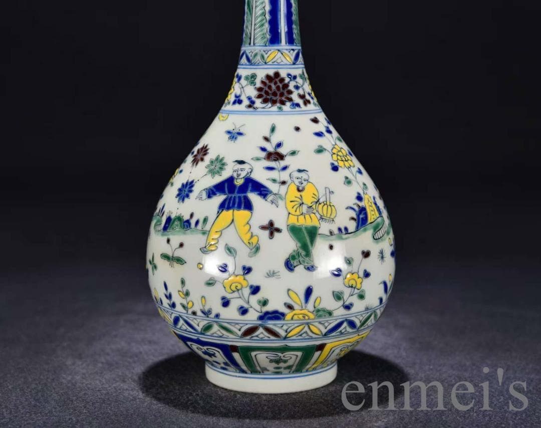 中国古美術・珍品・大明成化紋・闘彩嬰戯図胆瓶・花瓶・唐物・古陶磁器・古玩・古賞物