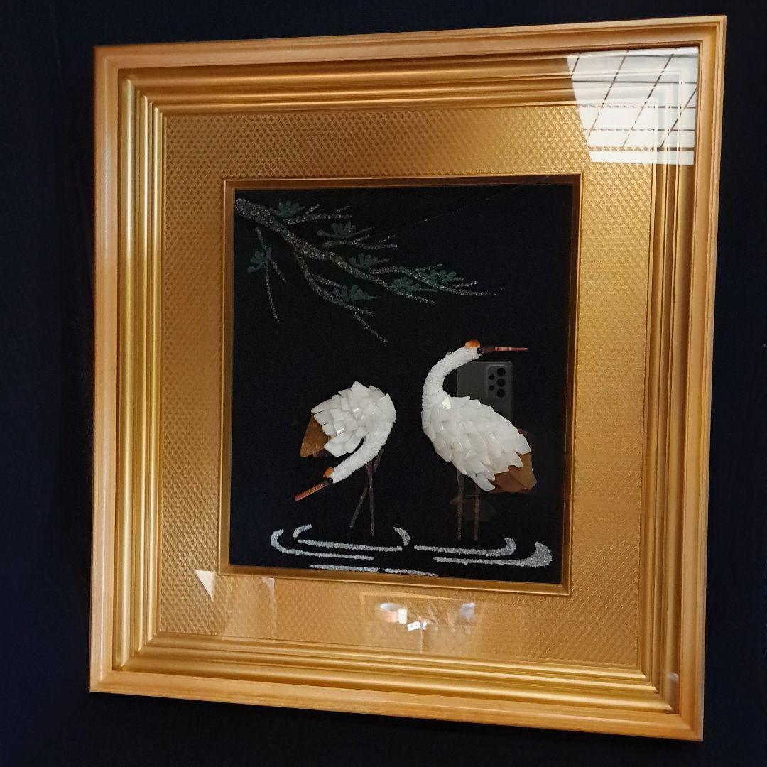 【伝統美術工芸】 貴石画 宝石画 夫婦鶴 縁起物 アンティーク フレーム付