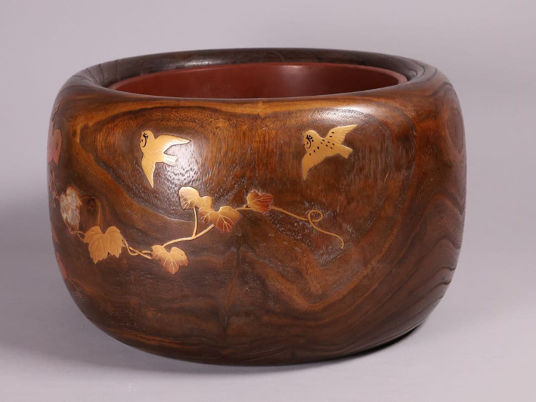 尺参 桐火鉢 金蒔絵 螺鈿細工 幅37.8cm 尺3 蔦 鳥 草【MB32】