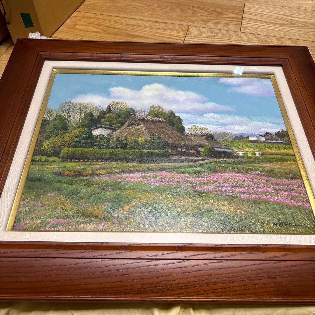 細川進レンゲ花と民家風景画　F6号油絵　絵画　油彩画
