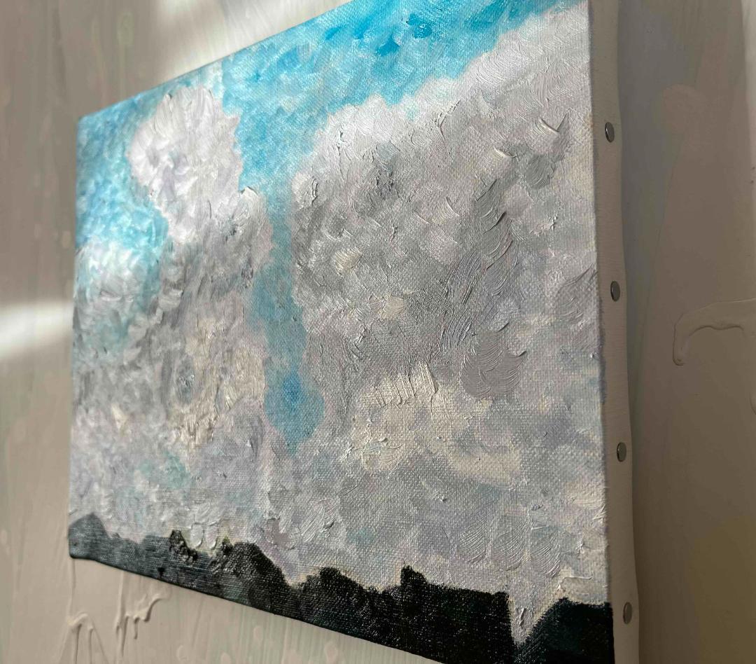 彩画　原画「民家とジャイアントクラウド」　絵画 22×27㎝ F3　キャンバス