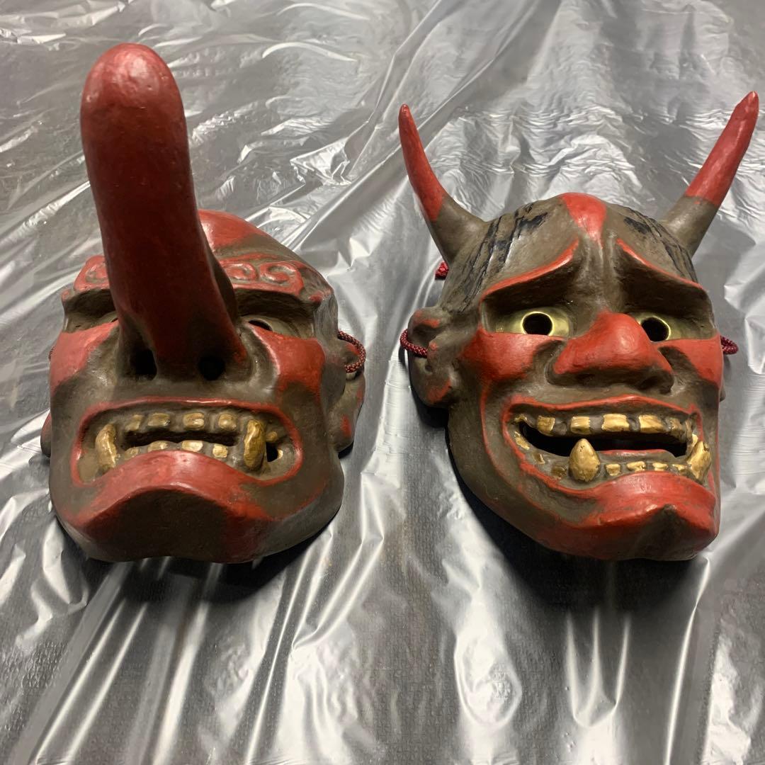 希少 美品 古い御面セット　鬼の面　天狗の面　般若 陶器 骨董品 日本伝統